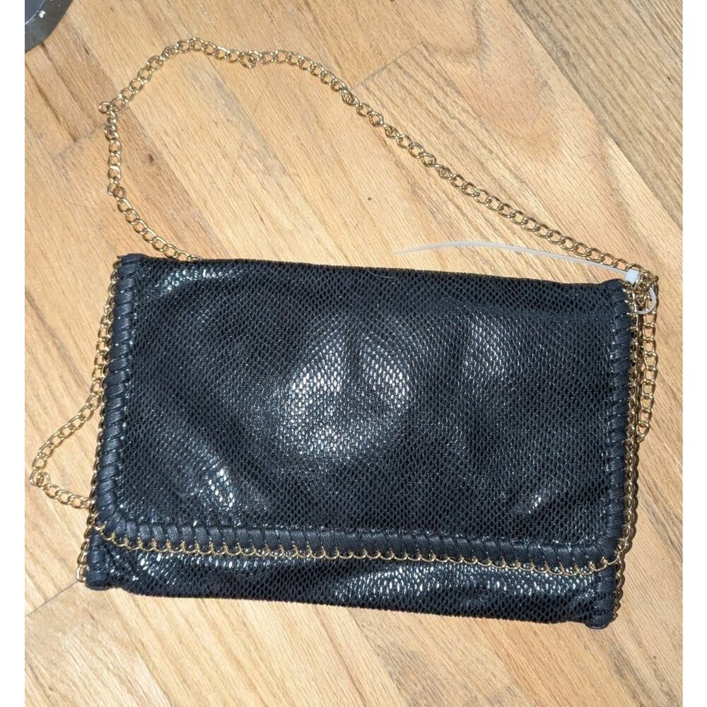 Black Snakeskin Faux Leather Clutch Crossbody Bag Gold Chain Strap Foldover Purs